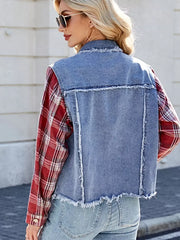 Raw Hem Plaid Sleeve Denim Jacket -
