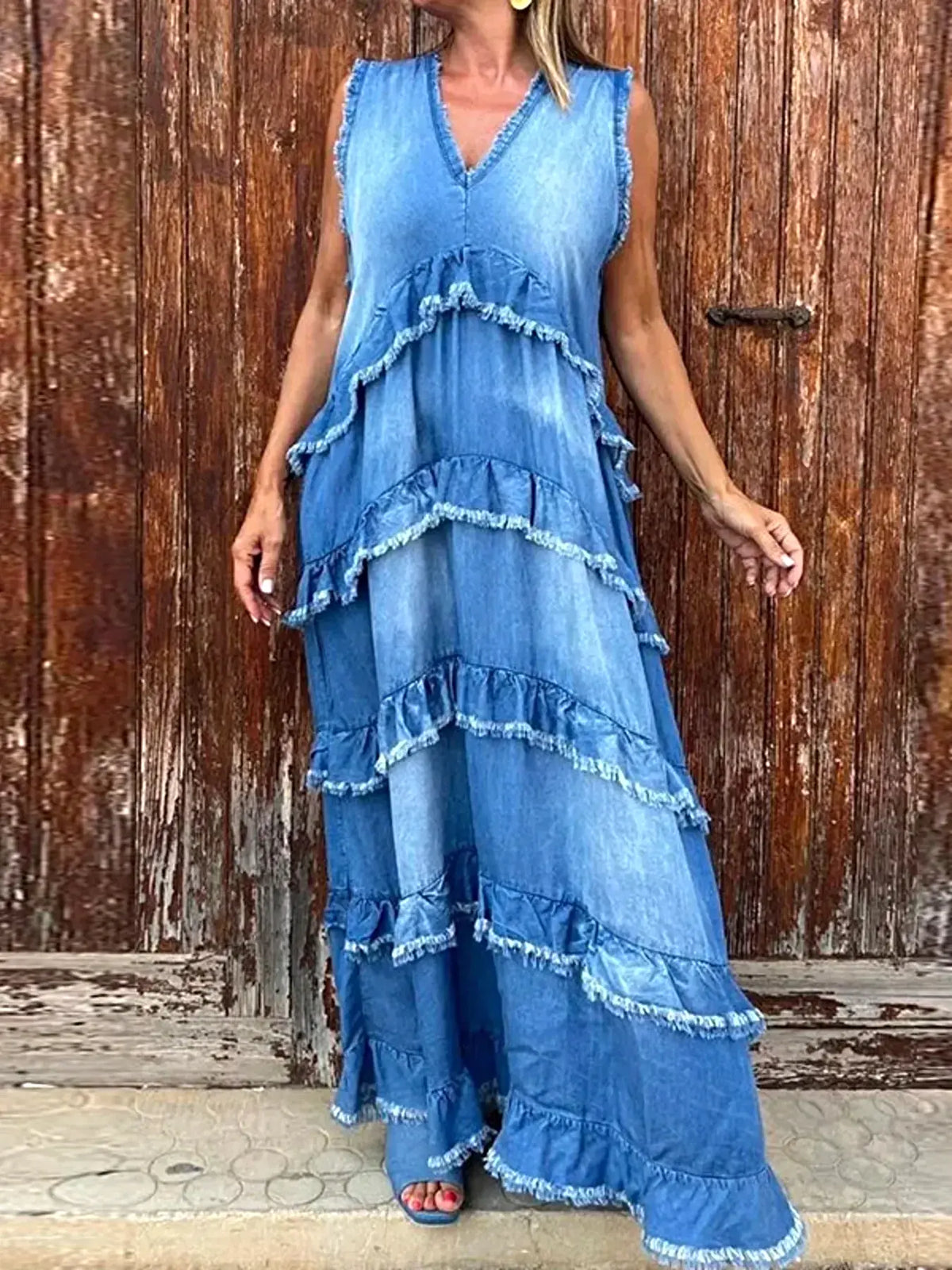 Raw Hem Layered Denim Maxi Dress -