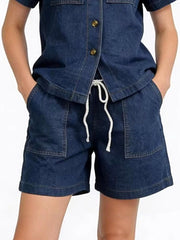 Button Up Short Sleeve Top and Shorts Denim Set -