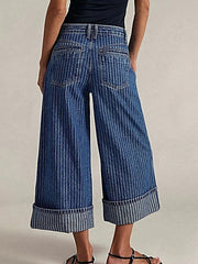 Luxury Wide Leg Cropped Jeans with Pocketed Design, 85% Cotton Blend, Machine Washable -