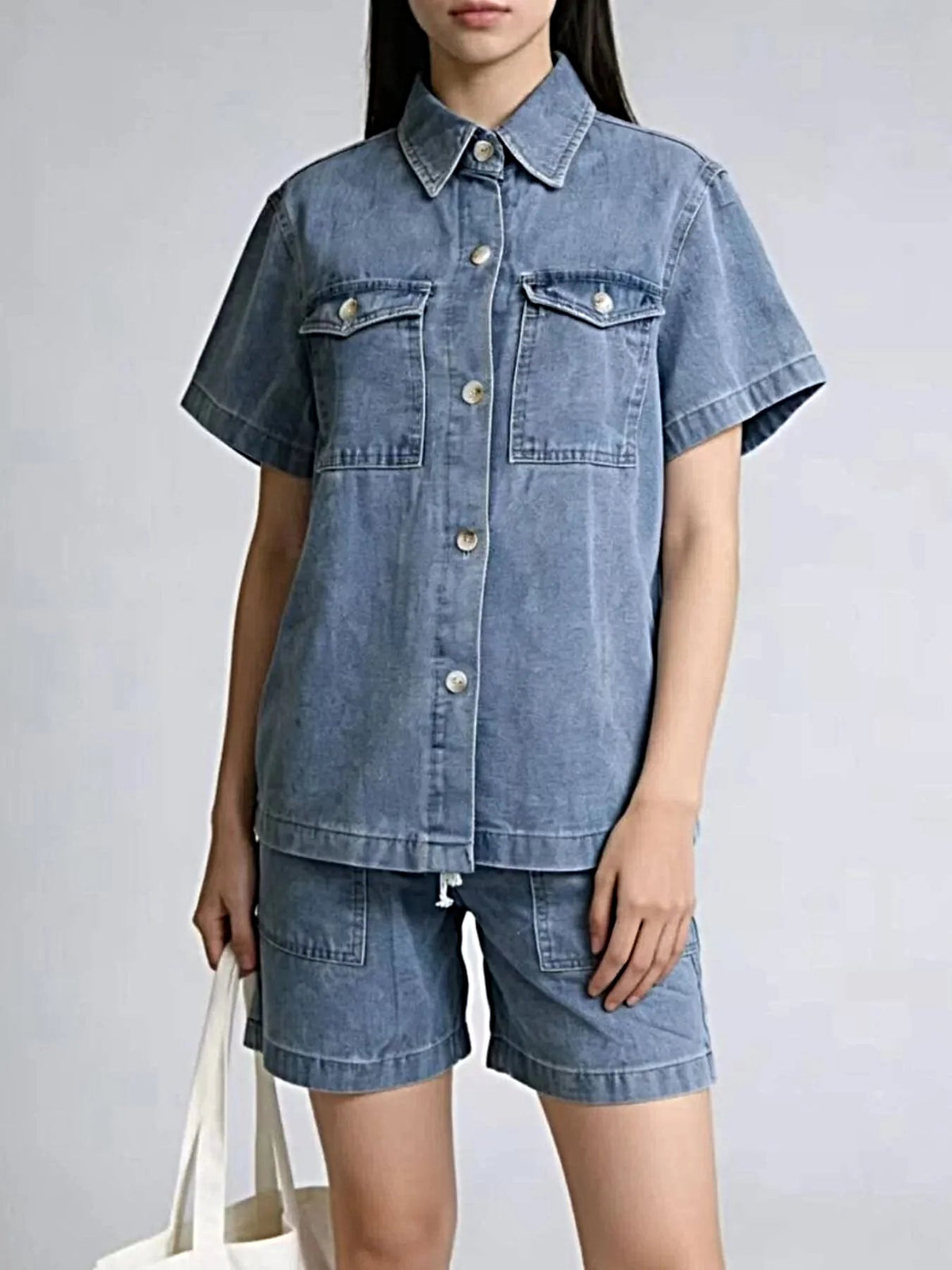 Button Up Short Sleeve Top and Shorts Denim Set -