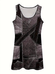 Patchwork Denim Dress - Scoop Neck Sleeveless Midi with Pockets - Versatile and Stylish -