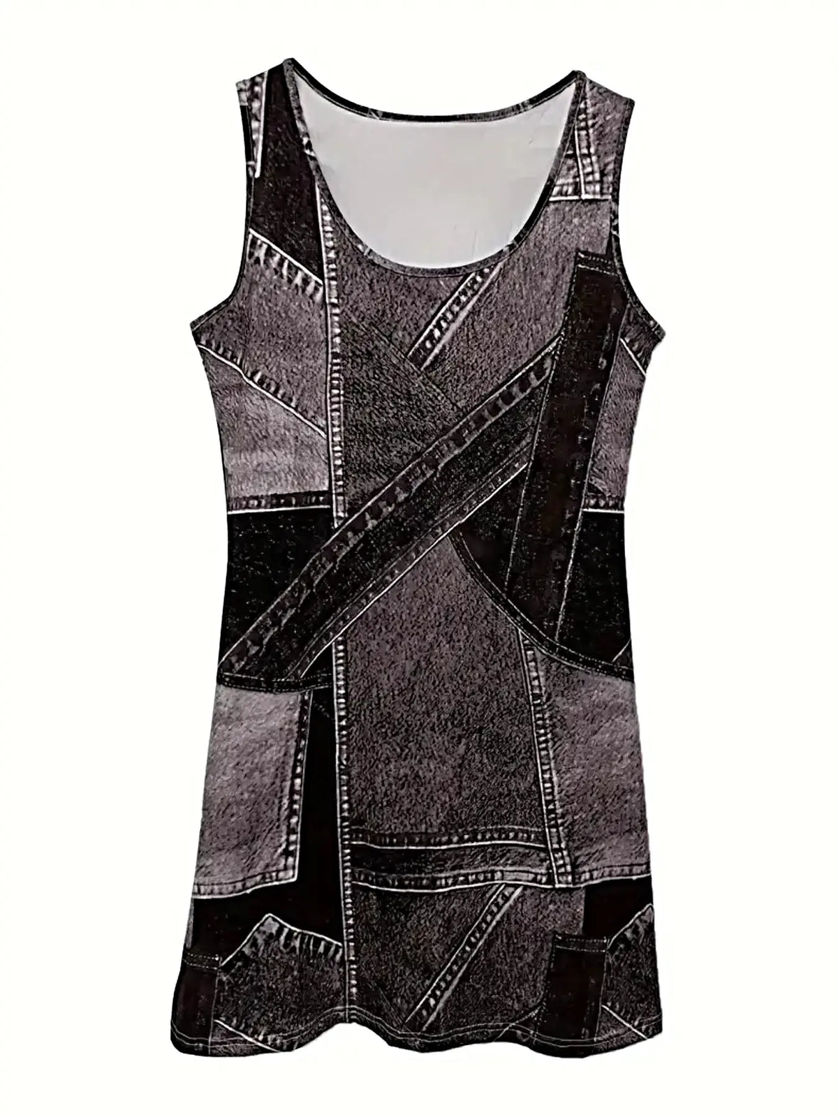 Patchwork Denim Dress - Scoop Neck Sleeveless Midi with Pockets - Versatile and Stylish -