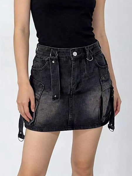 Washed Cargo Denim Skirt -
