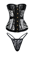 Artistic display of the Elegant Black Lace Corset Set emphasizing luxurious accents including gold buttons and delicate pearl drapes on the black lace corset.