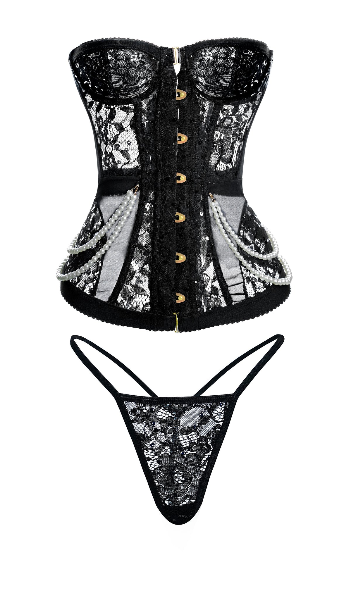 Artistic display of the Elegant Black Lace Corset Set emphasizing luxurious accents including gold buttons and delicate pearl drapes on the black lace corset.