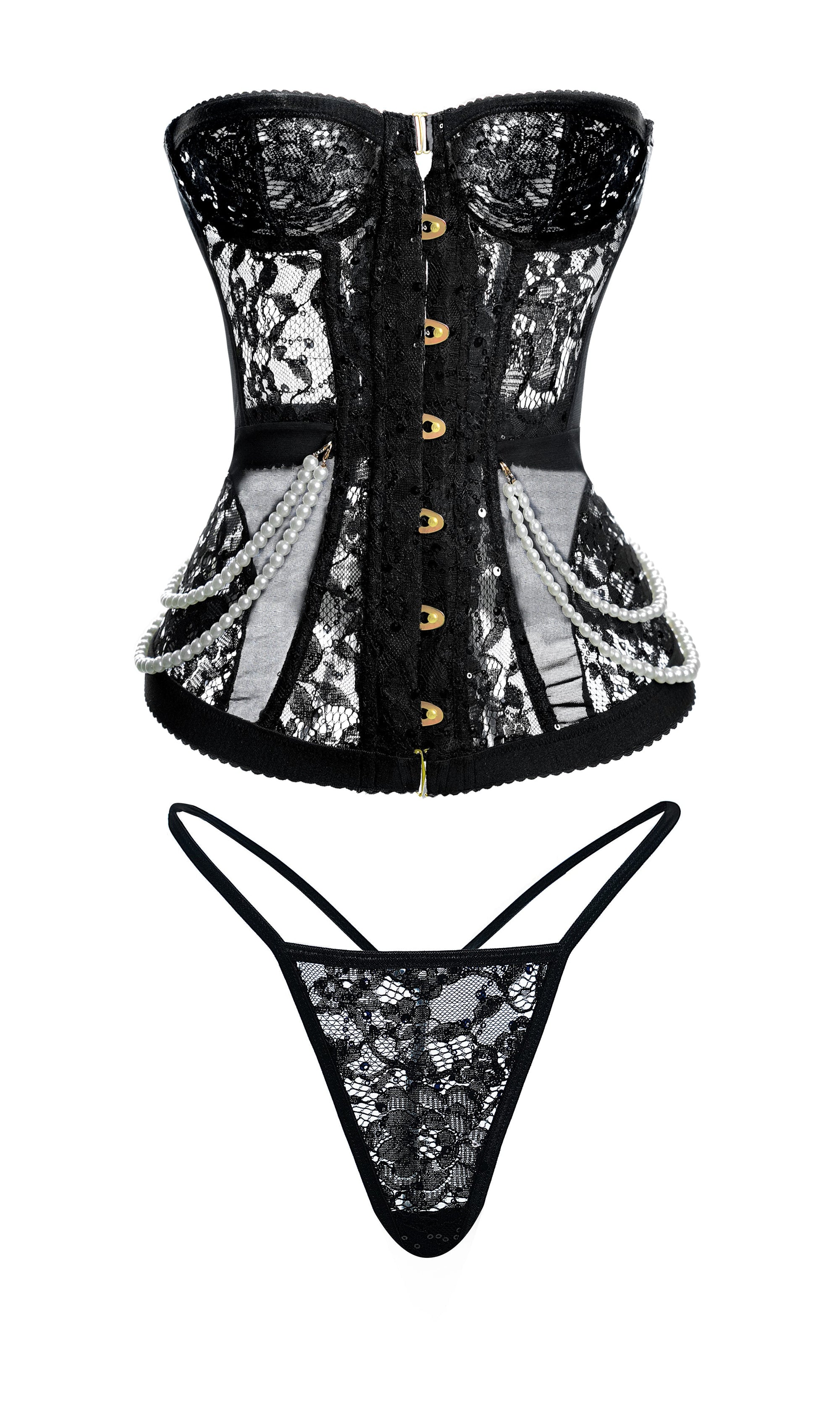 Artistic display of the Elegant Black Lace Corset Set emphasizing luxurious accents including gold buttons and delicate pearl drapes on the black lace corset.