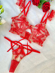 Luxury Red Lace Lingerie Set elegantly draped, capturing the allure and romance of this stunning ensemble.