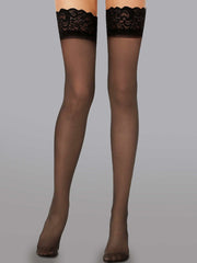 Beautifully designed Elegant 15 Denier Thigh-High Lace Stockings featuring a floral pattern, perfect for adding sophistication to any outfit.