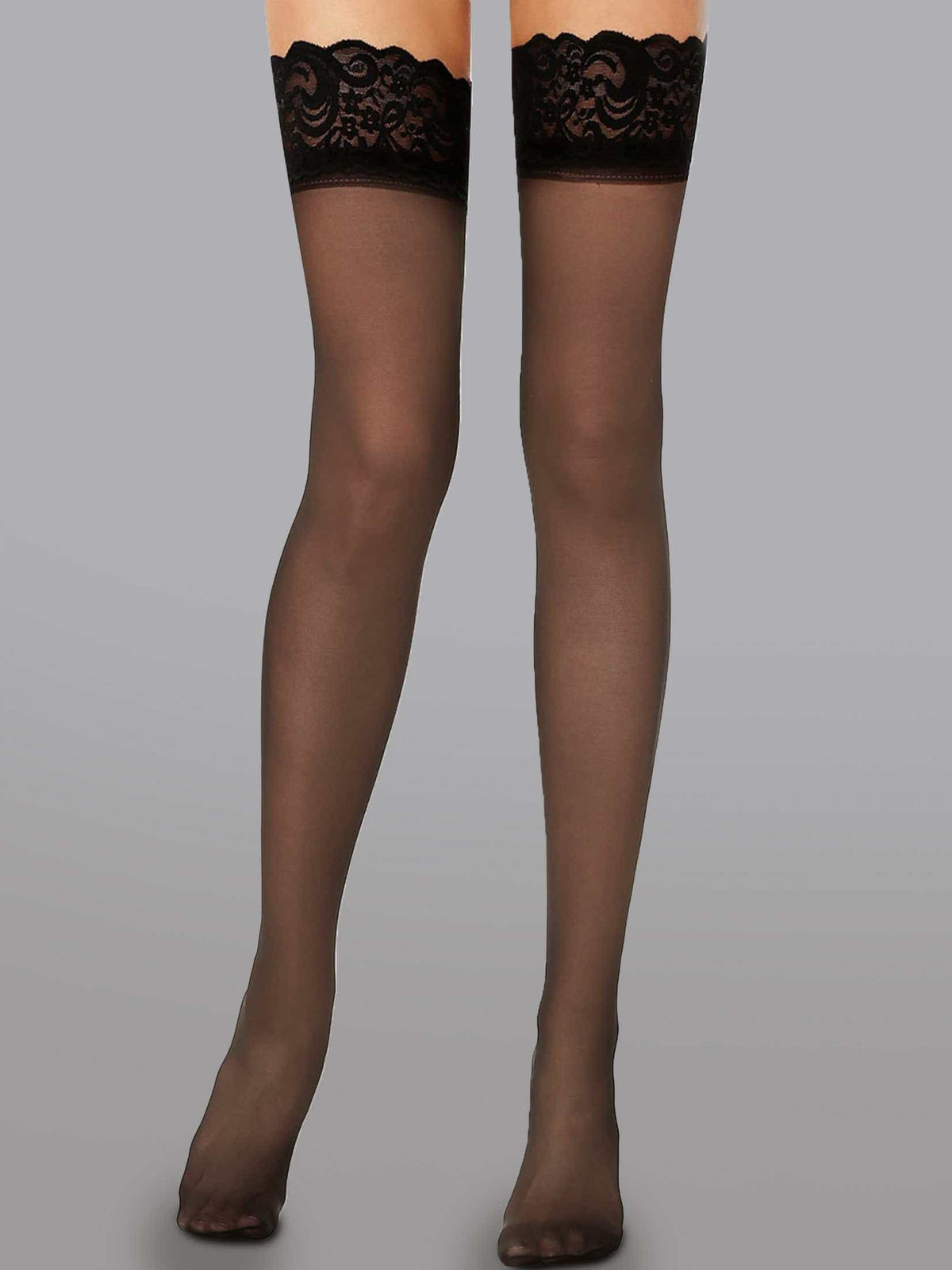 Beautifully designed Elegant 15 Denier Thigh-High Lace Stockings featuring a floral pattern, perfect for adding sophistication to any outfit.