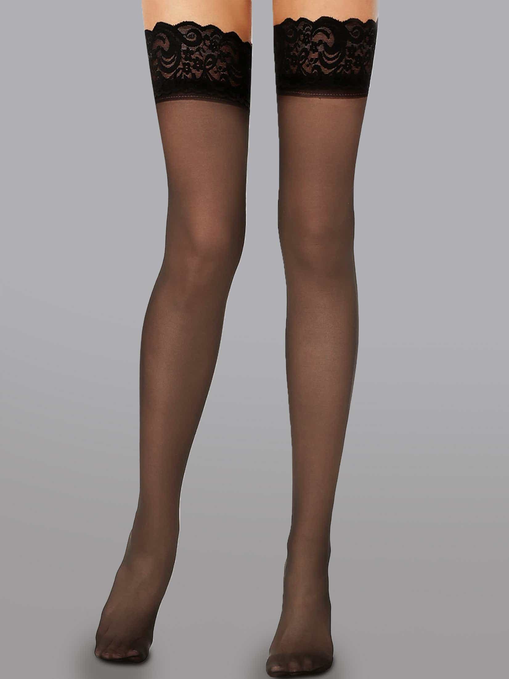 Elegant 15 Denier Thigh-High Lace Stockings with Floral Design and Silicone Anti-Slip Top, showcasing luxurious detail and comfort in high-quality modal fabric.