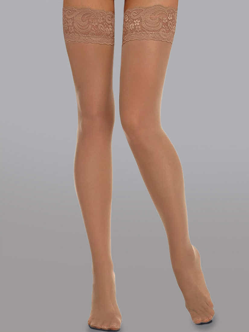 Elegant 15 Denier Thigh-High Lace Stockings displayed elegantly, showcasing their luxurious lace pattern and durable design.