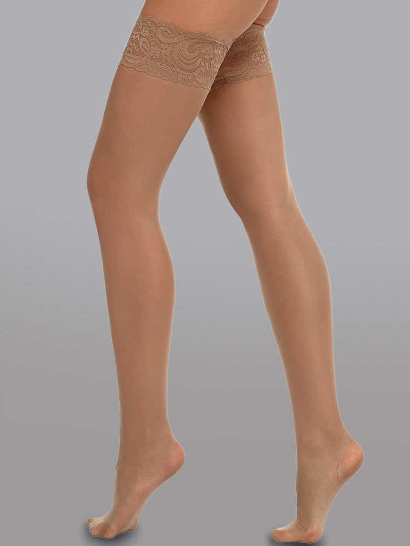 Chic Elegant 15 Denier Thigh-High Lace Stockings with floral design styled perfectly for a luxurious touch to any ensemble.