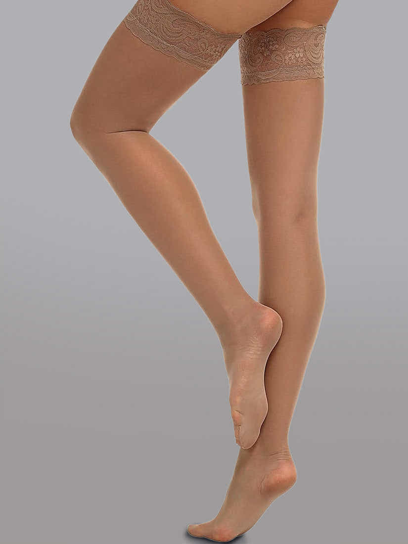 Elegant 15 Denier Thigh-High Lace Stockings beautifully showcased featuring lace detailing, perfect for enhancing any outfit.