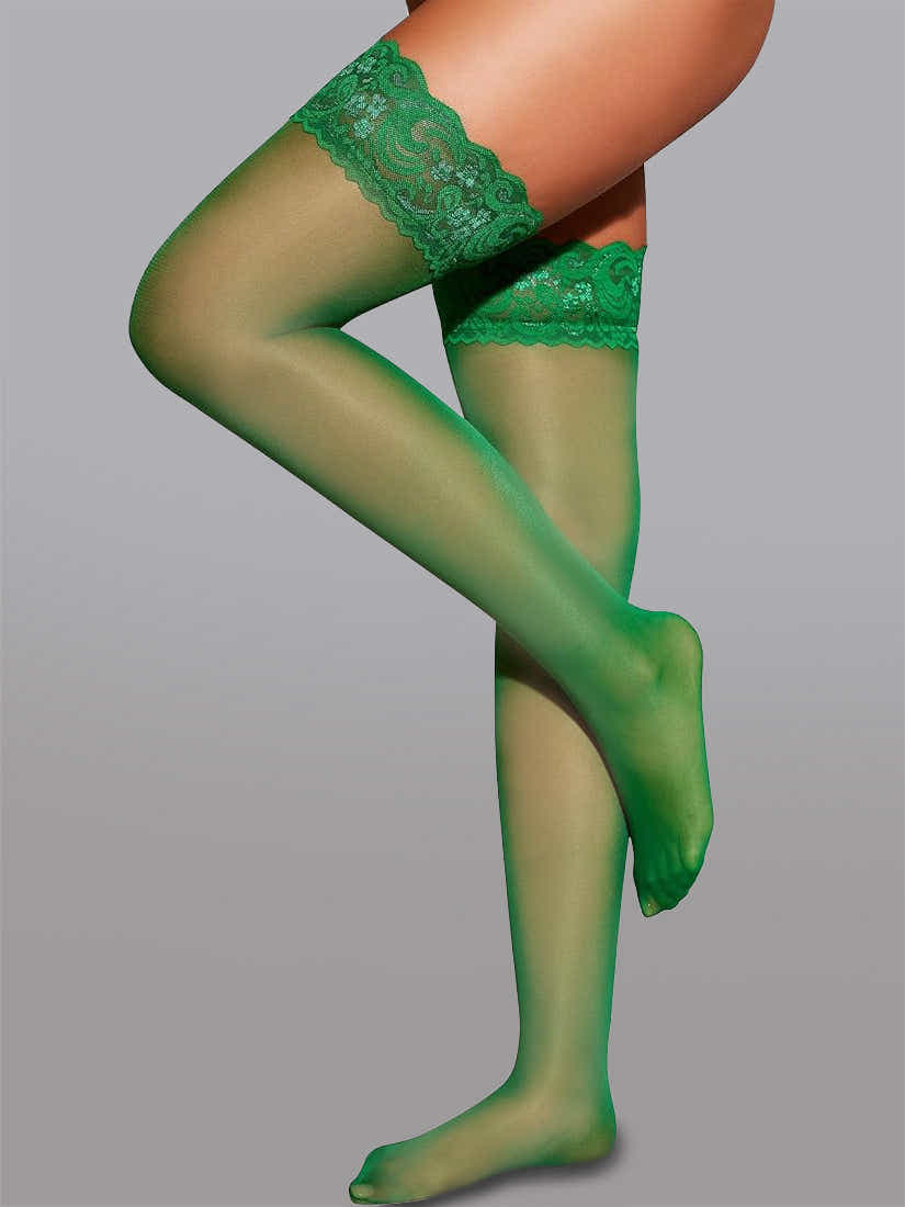 Elegant 15 Denier Thigh-High Lace Stockings emphasizing femininity with their intricate floral design and secure fit.