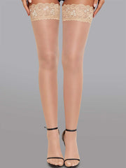 Striking Elegant 15 Denier Thigh-High Lace Stockings showcasing the elegant lace design and breathability, perfect for parties.