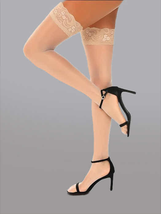 Elegant 15 Denier Thigh-High Lace Stockings with floral accents, designed to enhance femininity for any elegant evening.
