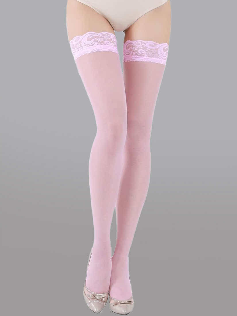 Elegant 15 Denier Thigh-High Lace Stockings beautifully styled on a model, ideal for enhancing elegance at special events.
