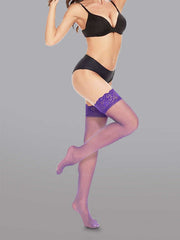 Elegant 15 Denier Thigh-High Lace Stockings laying gracefully, showcasing the luxurious lace design and sophisticated style.