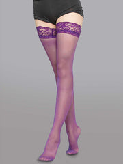 Chic display of Elegant 15 Denier Thigh-High Lace Stockings accentuated by floral lace design, perfect for romantic occasions.