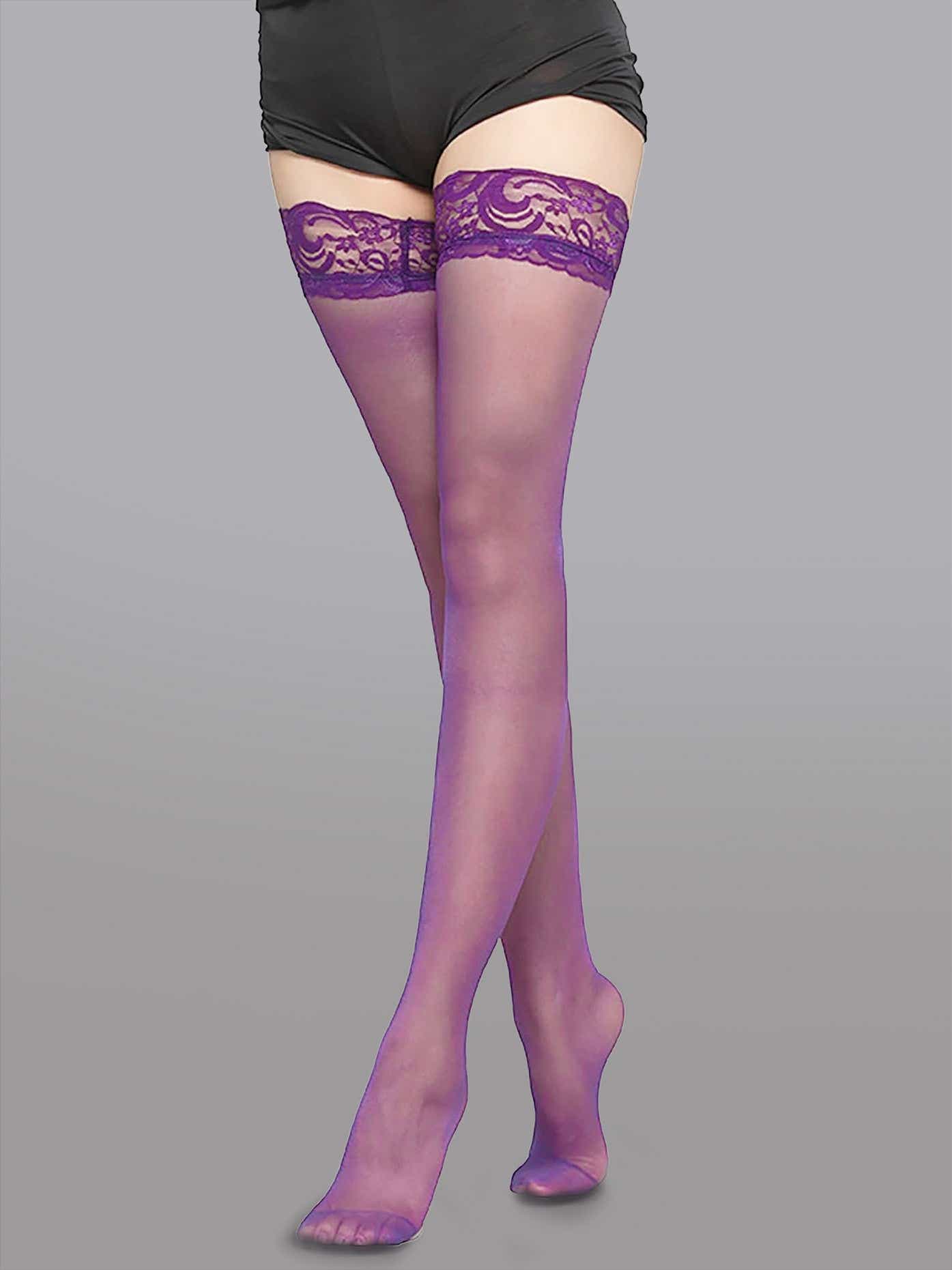 Chic display of Elegant 15 Denier Thigh-High Lace Stockings accentuated by floral lace design, perfect for romantic occasions.
