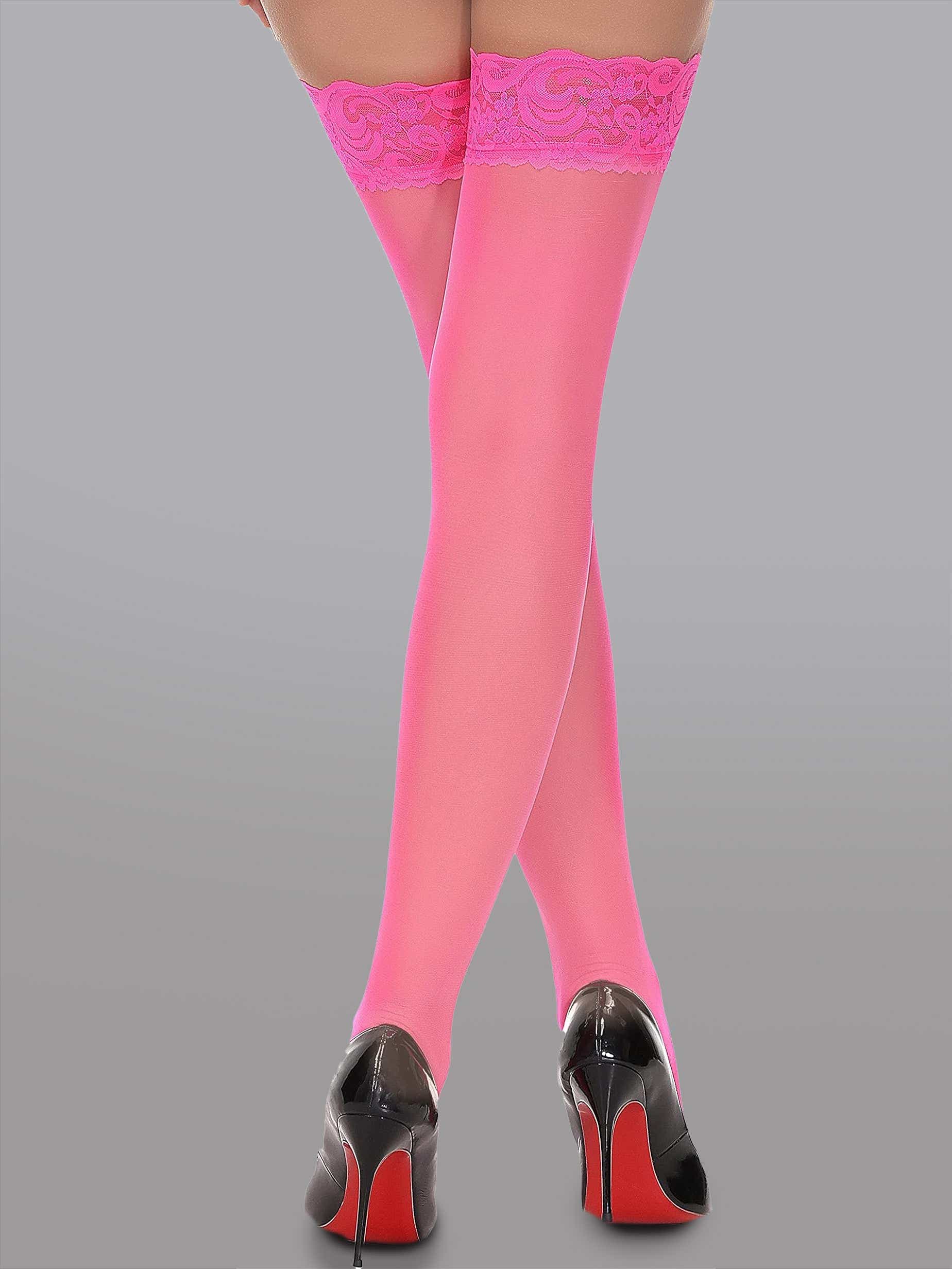 Glamorous Elegant 15 Denier Thigh-High Lace Stockings feature a stunning floral pattern, perfect for alluring outfits.