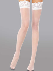 Intimate close-up of Elegant 15 Denier Thigh-High Lace Stockings illustrating their quality lace design and silicone anti-slip technology.