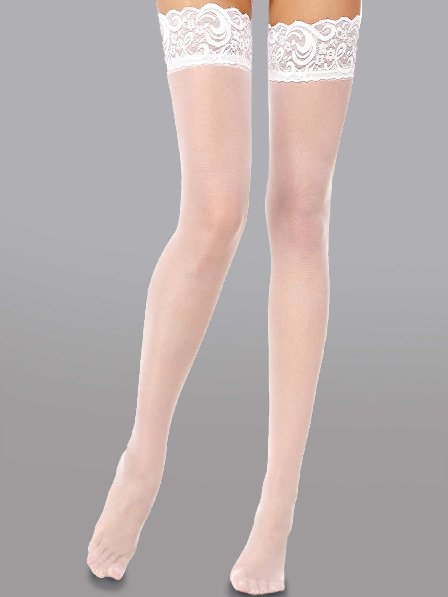 Intimate close-up of Elegant 15 Denier Thigh-High Lace Stockings illustrating their quality lace design and silicone anti-slip technology.