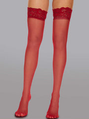 Elegant 15 Denier Thigh-High Lace Stockings elegantly arranged to highlight their floral design and comfortable fit.