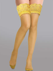 Elegant 15 Denier Thigh-High Lace Stockings beautifully styled for a luxurious appearance with floral accents.