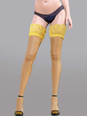 Elegant 15 Denier Thigh-High Lace Stockings captured in a stylish pose, highlighting their luxurious floral design.