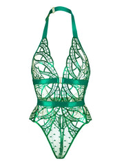 Front view of the Elegant Green Lace Bodysuit with Sheer Design, emphasizing its sensual appeal and intricate lace details.