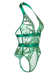 Elegant Green Lace Bodysuit with Sheer Design, highlighting the high-cut design for an elongated leg appearance, perfect for special occasions.