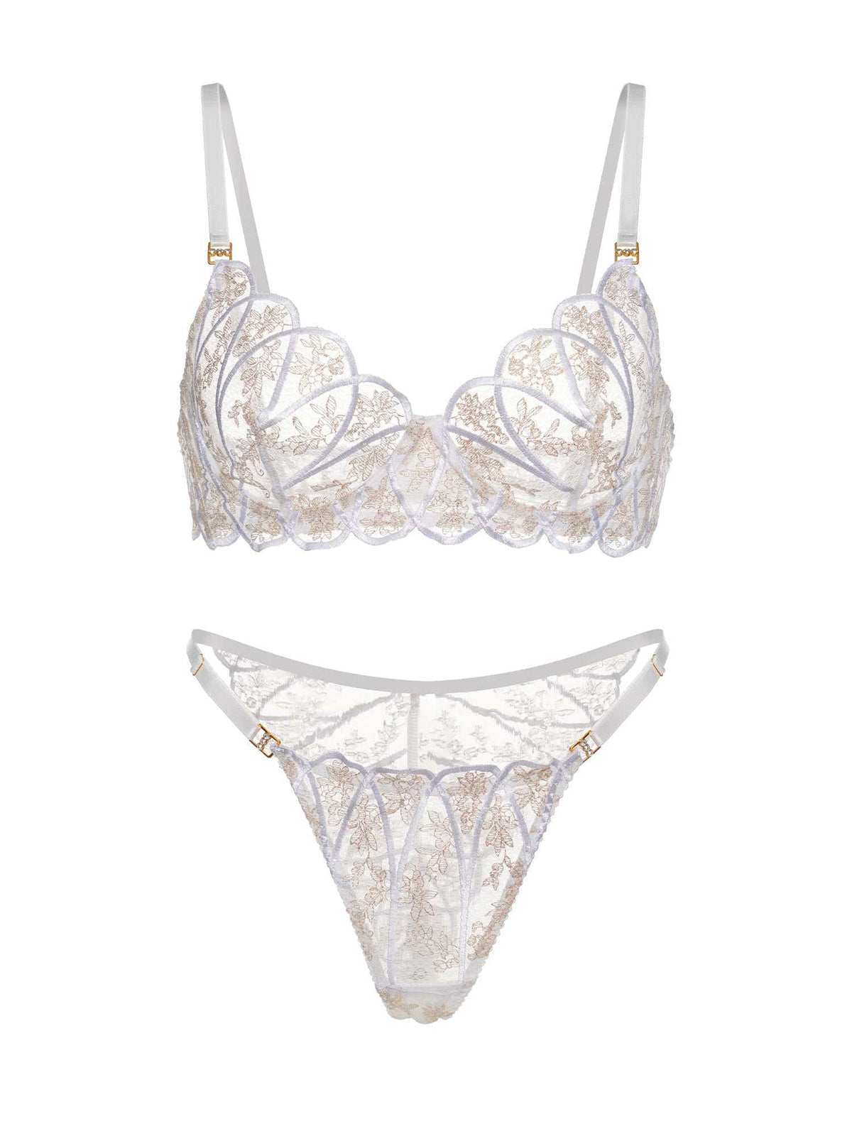 Elegant bridal lingerie set: Heavenly Glow Radiance showcasing delicate embroidery and adjustable features for a tailored fit.