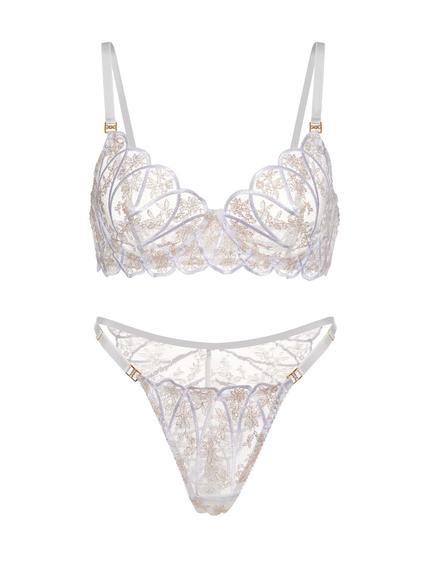 Elegant bridal lingerie set: Heavenly Glow Radiance showcasing delicate embroidery and adjustable features for a tailored fit.
