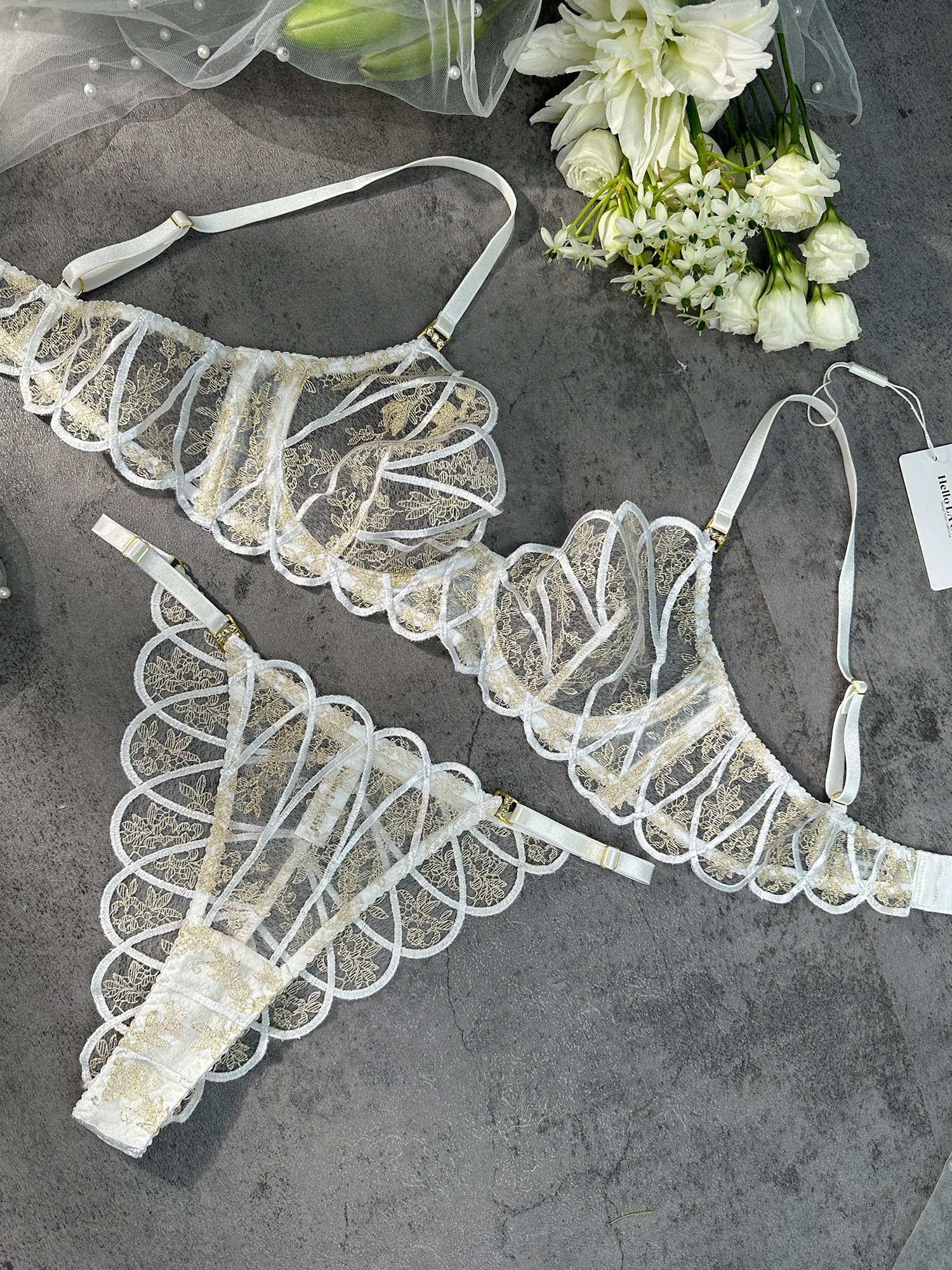 Detailed view of the adjustable straps on the Heavenly Glow Radiance bridal lingerie set, combining functionality with luxury design.