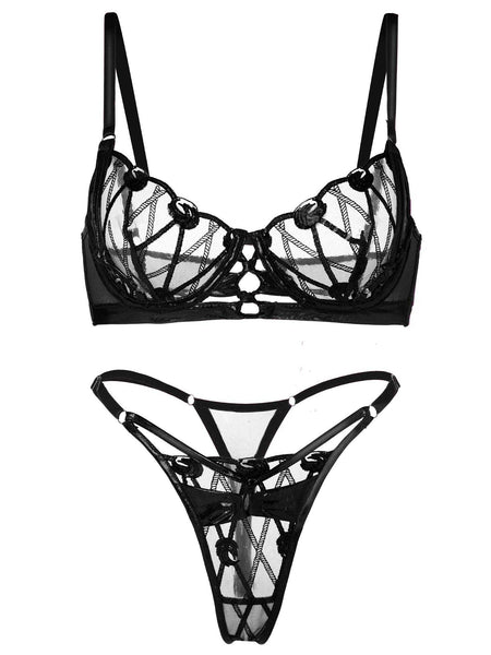 Elegant 2-Piece Black Lace Lingerie Set with Exquisite Embroidery and Adjustable Straps - featuring delicate embroidery on soft, lightweight lace for ultimate comfort.