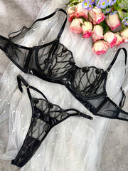 Elegant 2-Piece Black Lace Lingerie Set with Exquisite Embroidery and Adjustable Straps - showcasing both elegance and seduction with this enchanting black lace lingerie set.