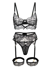 Ultra-Thin Sheer Black Embroidery Lingerie Set - 3 pcs set