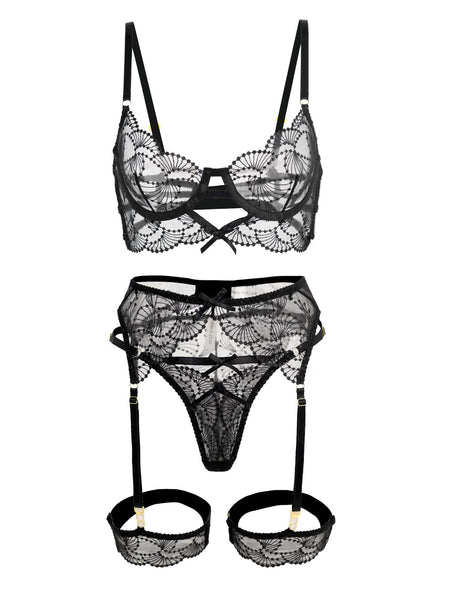 Ultra-Thin Sheer Black Embroidery Lingerie Set - 3 pcs set