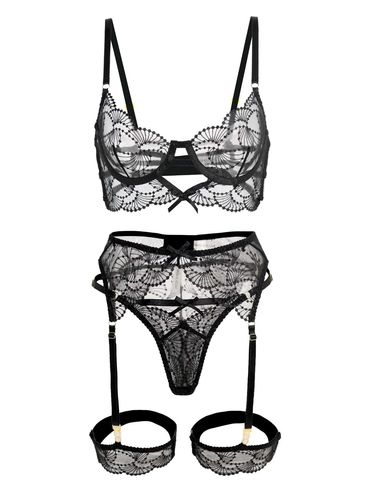 Ultra-Thin Sheer Black Embroidery Lingerie Set - 3 pcs set
