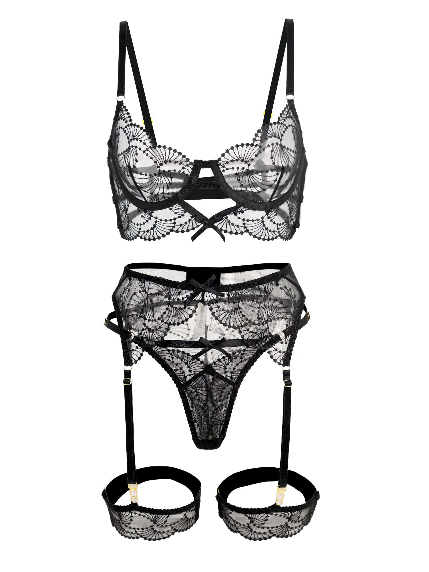 Ultra-Thin Sheer Black Embroidery Lingerie Set - 3 pcs set