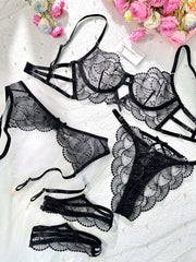 Ultra-Thin Sheer Black Embroidery Lingerie Set - 3 pcs set