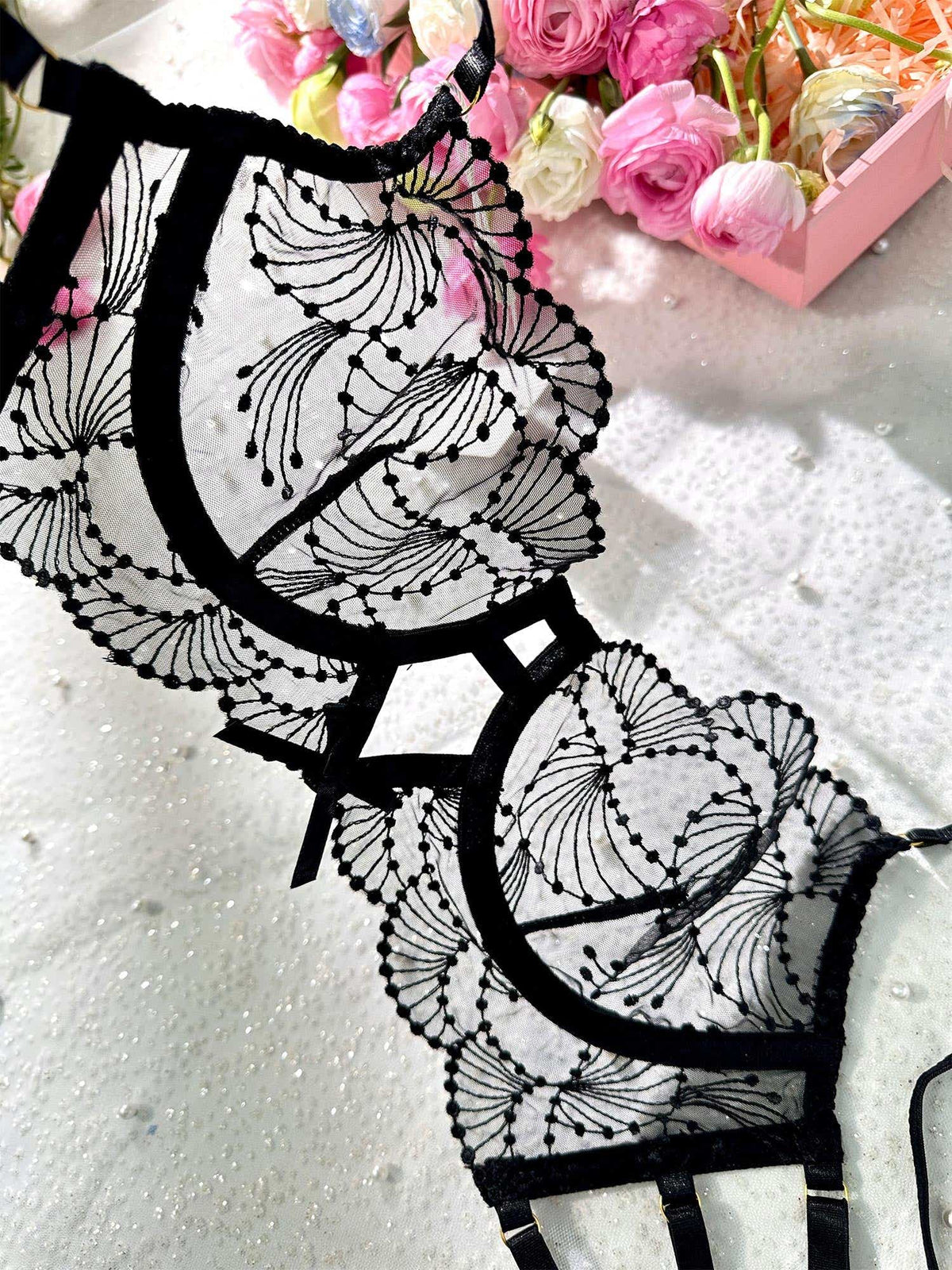 Ultra-Thin Sheer Black Embroidery Lingerie Set - 3 pcs set