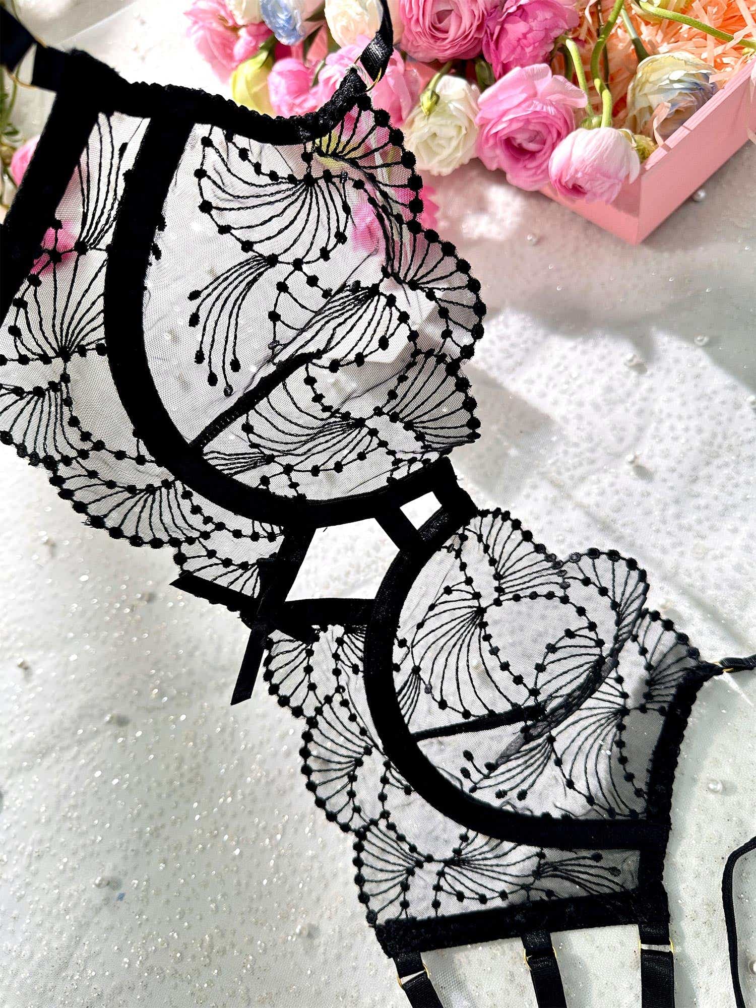 Ultra-Thin Sheer Black Embroidery Lingerie Set - 3 pcs set