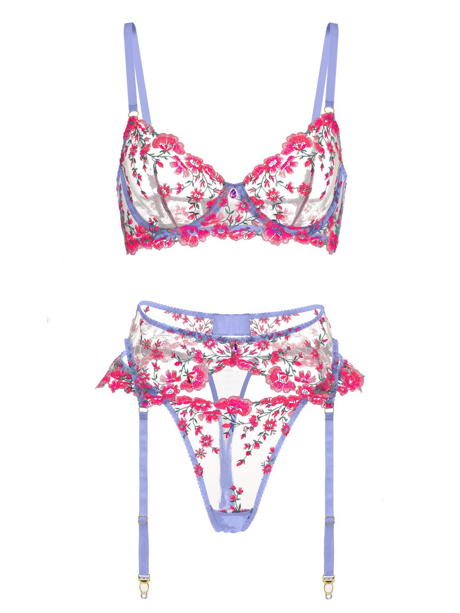 Luxury pink floral lingerie set embellished with crystal pendant, combining elegance with comfort.
