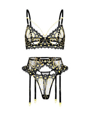 Opulent Lace Pearl-Embellished Lingerie Set - 3 pcs set