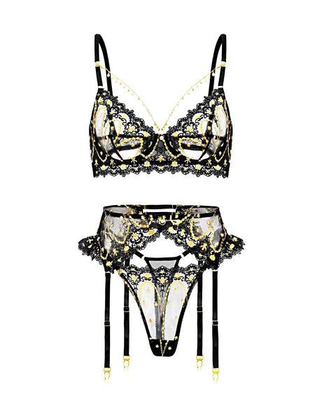 Opulent Lace Pearl-Embellished Lingerie Set - 3 pcs set