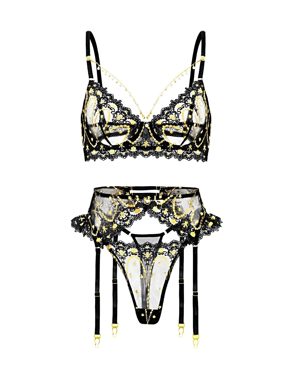 Opulent Lace Pearl-Embellished Lingerie Set - 3 pcs set