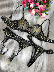 Opulent Lace Pearl-Embellished Lingerie Set - 3 pcs set
